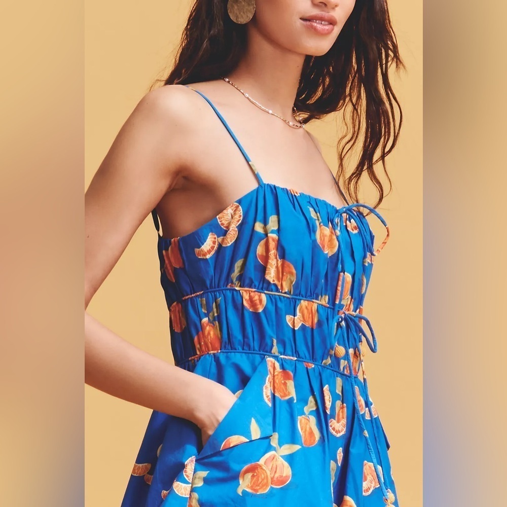 NWT! Farm Rio x Anthropologie Orange Printed Smocked Sleeveless Romper -🎬 - Picture 2 of 8